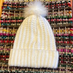 Toby & Me White Acrylic Hat with Fuzzy Pom Pom Top; So Perfect with any outfit!